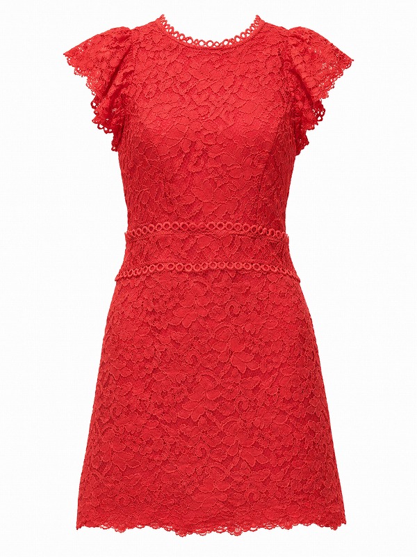 【新品DRESS 162】総レースフレンチスリーブセミフレアミニドレス レッド【SOALLURE】